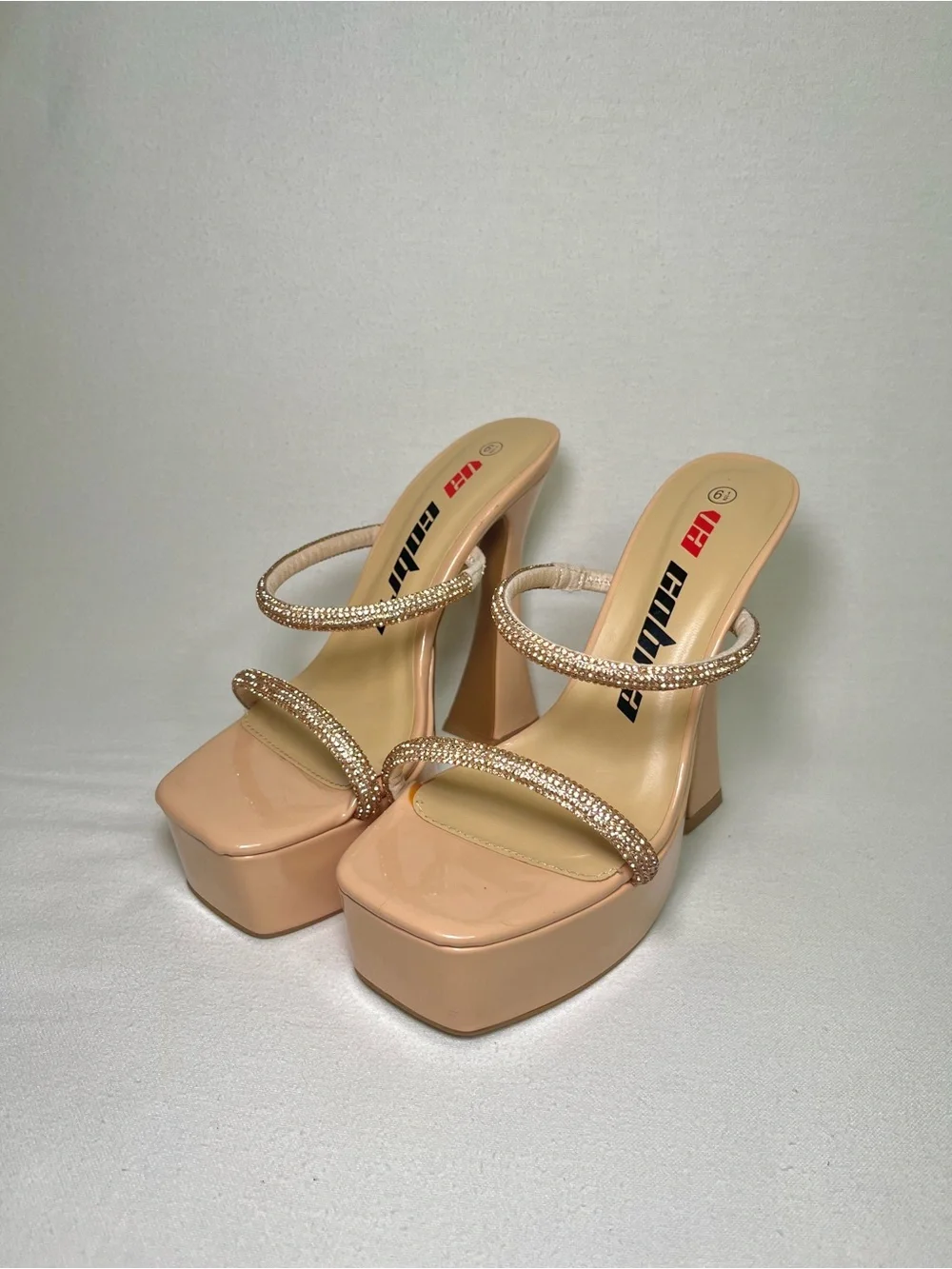 Nude Patent Platform Heels with Rhinestone Straps